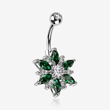 Brilliant Marquise Petal Flower Sparkle Belly Button Ring-Clear Gem/Emerald